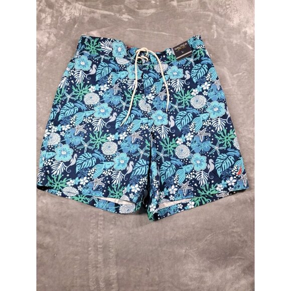 Nautica board shorts mesh lined swim trunks Large Blue Floral, seahorse, fish - Picture 1 of 8